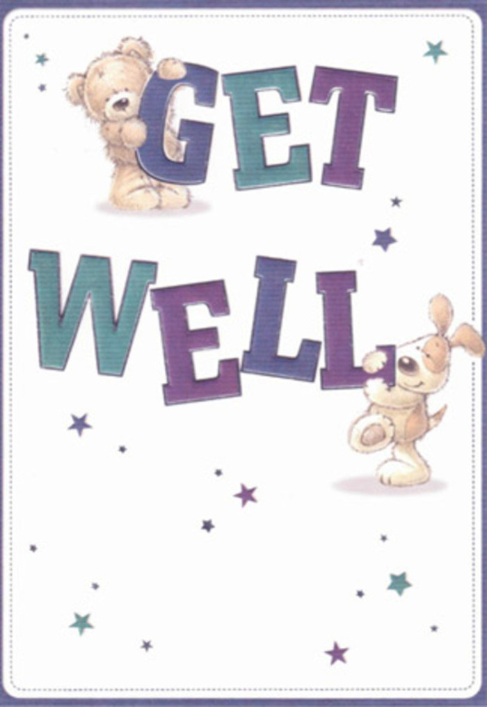 Radiating lightness and hope, this get well card features a whimsical illustration sure to raise spirits. A gentle bear, rendered in warm honey shades, balances playfully atop a flourishing 'GET', while a floppy-eared puppy, tail wagging, snuggles beside the bold 'WELL'. The large, friendly typography is shaded in lively purples and aquas, reminiscent of the colourful street murals near Lea Bridge. Scattered stars, painted with joyful abandon in tones of blue and violet, evoke a fluttering of well wishes through the fresh local air. The image's texture is almost palpable-the softness of the bear's fur and the downy puppy's ears feel tangible, inviting a sense of security much like a warm embrace from a loved one. As someone who arranges get well bouquets within Lea Bridge's welcoming community, I see a parallel in the illustrator's careful composition, echoing the thoughtful layering and colour choices that make a bouquet truly uplifting. Whether sending a card and flowers towards Hackney Downs or passing them to a neighbour along the River Lea, this scene embodies gentle encouragement, heartfelt care, and the simple, playful resilience of our neighbourhood.