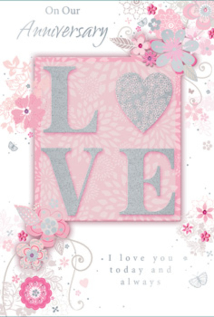 This anniversary card design feels like a gentle tribute to shared years together, its romantic details unfolding slowly, as if you were pausing on the bridge to watch the River Lea drift by. In the centre, the word "LOVE" is spelled in bold, raised capitals, giving a pleasing sense of depth. The letters glide from blush pink to pearly white, then are finished with a coat of fine glitter that adds a silver glimmer along their edges. Under the touch, this glittered embossing would feel slightly grainy and luxurious, much like the textured petals of a rose in full bloom. Around this tactile centrepiece, a scattering of stylized flowers and slender leaves spreads across a pastel pink backdrop. Each bloom is drawn with delicate grey outlines and shaded with hints of blush and light ivory, reminiscent of an artist's early sketch for an anniversary bouquet that might be arranged in a Lea Bridge studio before heading out for delivery to a flat near Millfields Road. The floral elements curl and weave in soft, rhythmic patterns, their tendrils looping around the letters as though gently cradling the word "LOVE." Tiny flourishes and almost-hidden details invite the eye to linger, discovering new curves and petals on each viewing. Elegantly scripted anniversary phrases rest among these floral swirls, their graceful lines thin and slightly flowing, conveying words of devotion without overwhelming the design. The whole composition is bathed in a gentle, even light that enhances the soothing palette of pinks, whites, and silver greys. It feels like a paper bouquet of affection and gratitude, echoing the thoughtful care of a Lea Bridge florist crafting a romantic gesture that will be treasured long after the anniversary day has passed.