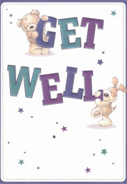 The get well card captures a scene of pure comfort-a plump teddy bear sitting at the crest of the bold, painted word 'GET', while a loving puppy playfully nuzzles beneath the confident 'WELL'. Their bodies curve softly towards each other, their eyes bright with affection and reassurance. Handwritten in hues of indigo and teal, the message leaps from the page, set against a luminous white background that radiates hope. Stars twinkle in shades of blue and purple throughout the design, much like the sparkling canal waters near Lea Bridge after rain. The fuzzy bear and velvety pup are illustrated with such care that one can almost feel their soft embrace-a reminder of the thoughtful bouquets arranged daily in our neighbourhood flower shop. As a Lea Bridge florist, I recognise the nurturing spirit woven into the card: every brushstroke and colour chosen with the same intent as a well-composed arrangement, meant to uplift and heal. Delivered anywhere from Chatsworth Road to the green edges of Millfields Park, this card paired with flowers embodies caring encouragement, sure to bring a gentle smile to anyone recovering in our vibrant community.