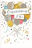 This congratulations card design feels like a pocket-sized celebration you could easily imagine sitting beside a vase of fresh flowers on a Lea Bridge windowsill. The main focus is a joyful arrangement of illustrated balloons clustered together at the centre, drifting upward with a sense of ease and optimism. Each balloon is softly rounded and shaded in elegant tones-warm gold, soft silver, champagne, blush pink, subdued blue, and gentle grey-creating a balanced, harmonious palette. Delicate details bring each one to life: tiny stars that appear to twinkle, slender stripes that wrap around the curves, and speckled accents that mimic sparkling glitter. These touches lend a subtle metallic shine, like party balloons reflecting light from a cosy room near Lea Bridge Road. Slender ribbons in gold and silver unfurl from the base of the balloons, curling gracefully and connecting the airy upper portion of the design to the lower half of the card. Across the middle, an unfurled banner carries the words "Congratulations To You" in a refined, flowing script, its elegant lettering conveying warmth and sincerity without shouting. Around the banner and balloon cluster, the background is scattered with dainty stars, swirling lines, and flecks of confetti that seem to dance across the card, suggesting movement and the echo of celebration. The mood is light, polished, and quietly festive-perfect for pairing with a bouquet arranged by Florist Lea Bridge when you want to honour a promotion, graduation, new home, or any cherished milestone for friends, family, or colleagues in and around Lea Bridge.