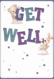Bursting with warmth and playful optimism, this get well card showcases two adorable friends-a snuggly teddy and a lively puppy-nestled among vibrant, hand-lettered words. The teddy bear perches atop 'GET', his honeyed fur a cheerful contrast to the dreamy indigo and teal letterforms, while the floppy-eared pup supports 'WELL' below, eyes twinkling with hope. Surrounding the message, stars in shades of violet and blue seem to dance, evoking both magical wishes and the lively, interconnected spirit of Lea Bridge's markets and parks. The tactile details-soft bear fur, plush ears-invite the imagination to feel their comfort, much as one would cherish the freshness of a florist's bouquet delivered from Lea Bridge Road. This card doesn't just convey a message; it wraps the recipient in a cocoon of kindness and light, a testament to the gentle encouragement shared every day by neighbours, florists, and friends across the Lea Bridge community.