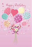 On this birthday card illustration, a whimsical celebration unfolds across a soft pink canvas, echoing the light-hearted spirit of birthdays marked in homes and cafés around Lea Bridge. At the top, a group of pastel balloons floats skyward with joyful energy, their rounded forms and gentle colours creating a sense of playful motion. Each balloon has its own personality: some twist with candy-coloured stripes, others are sprinkled with playful polka dots, and at the centre a heart-shaped balloon radiates affection, drawing the eye like a tender hug in the sky. Their hues-creamy ivory, blush pink, seafoam green, lemon yellow, and lilac-mingle easily, reminiscent of springtime blossoms along nearby streets. Below this airy parade, a bouquet gathers at the base, serving as the grounding focus of the artwork. Delicate roses and anemone-like blooms cluster together, their petals feathery and soft, layered in shades of ivory, dusty pink, and gentle mauve. Some petals curl slightly at the edges, suggesting fresh, just-opened blooms from a Lea Bridge florist's morning delivery. The stems are bound with a violet satin bow that gleams subtly, adding polish and a touch of luxury to the arrangement. Scattered around the bouquet and balloons, tiny stars and butterflies drift like fragments of a daydream, lending the whole scene a fairy-tale charm. The lighting is bright yet tender, catching the glossy sheen of the balloons and the velvety texture of the petals, creating an atmosphere that feels light as a spring morning-airy, sweet, and perfectly festive. It captures the essence of a birthday meant to be bright, unforgettable, and filled with the simple pleasure of flowers and celebration in Lea Bridge.