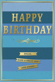 This stylish birthday card evokes a sense of calm celebration, its design built around a series of wide, horizontal blue stripes that move gently from soft sky and pale aqua through to deeper teal and navy. The gradient effect feels like layers of peaceful light over the River Lea, each band of colour subtly blending into the next to create a soothing, harmonious backdrop. Set boldly in the centre, the message "HAPPY BIRTHDAY" is embossed in generous gold lettering, the metallic surface catching and reflecting light so that the words seem to softly glow against the cool blues. The font is clear and confident, yet the gold's warm tone keeps the overall look refined and welcoming rather than loud. Just beneath the main greeting, a delicate gold flourish stretches gracefully from side to side, adding a touch of traditional charm and connecting the central words to the sentiment that follows. Three neat golden banners line up underneath in a stacked formation, each one carrying a friendly phrase: "Relax, have a great day and enjoy!" These banners look slightly raised, like slim ribbons laid carefully on the card's surface, their shine contrasting with the velvety matte finish of the blues. A narrow, shimmering gold border encloses the entire design, giving the piece a polished, frame-like appearance, as if it were a small artwork. You might imagine this card displayed on a mantle or side table in a Lea Bridge home, nestled beside a fresh vase of birthday flowers, its gentle colours and golden highlights radiating warmth, thoughtfulness, and unhurried joy throughout the day.